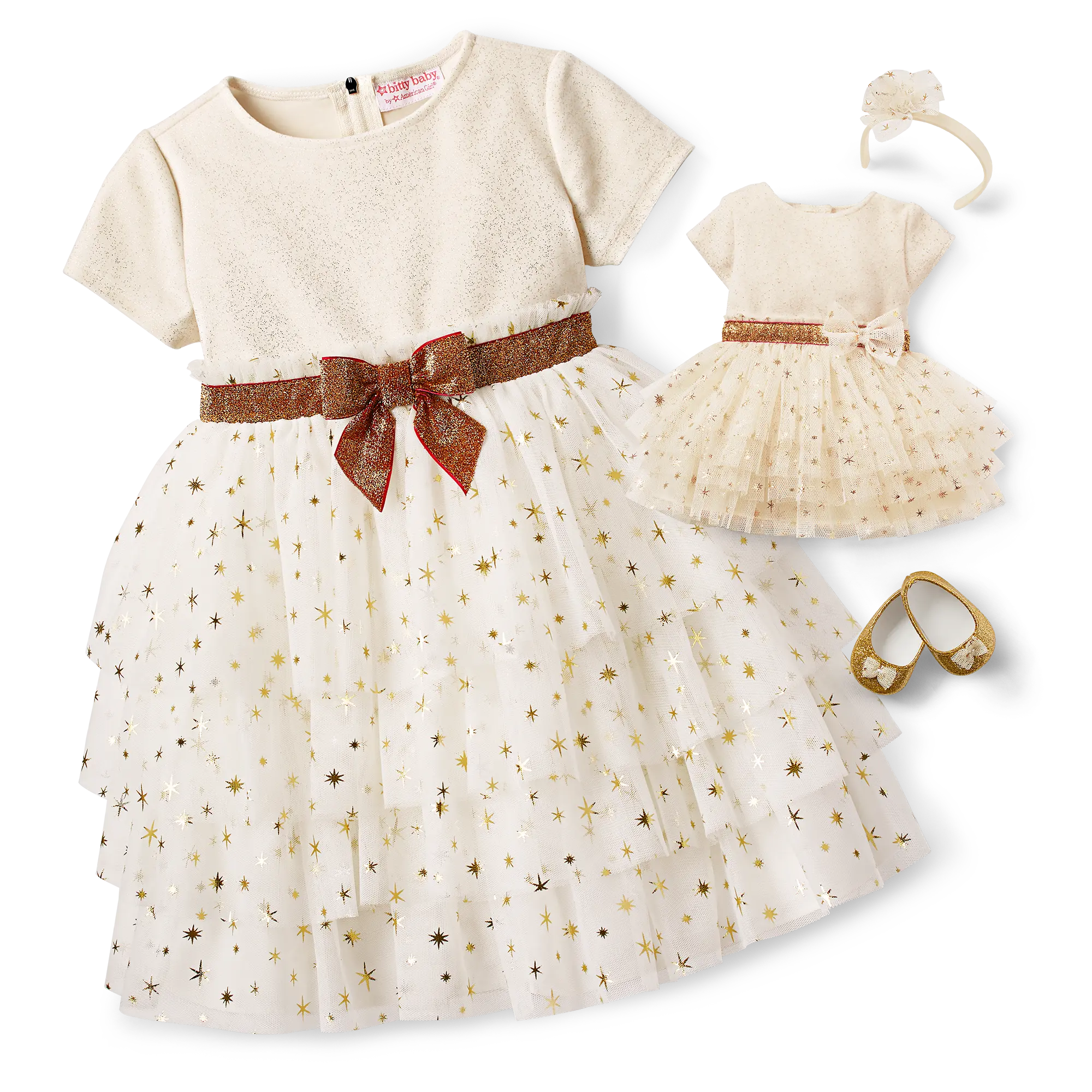 Golden Twinkle Dress For Little Girls & Bitty Baby Dolls - Image 2