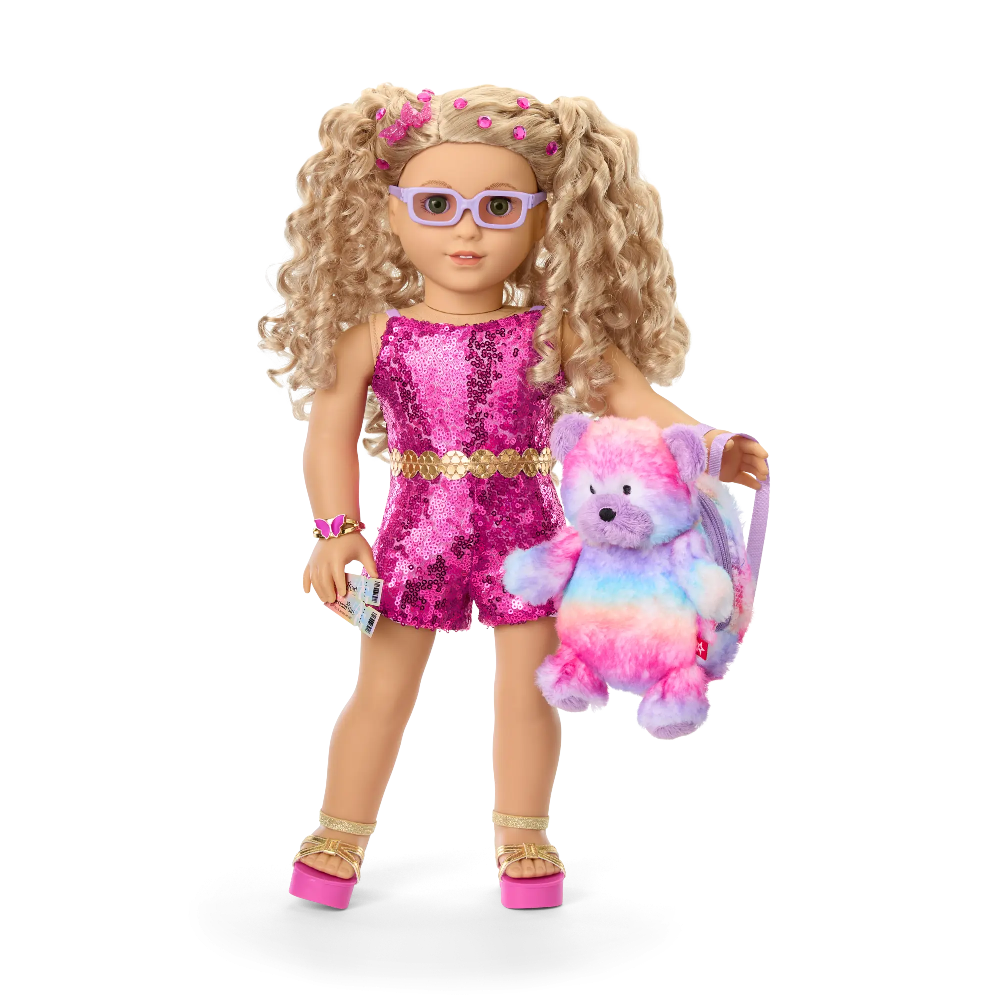 Glam Sparkly Concert Outfit & Colorful Teddy Bear Backpack & Accessory Set Bundle