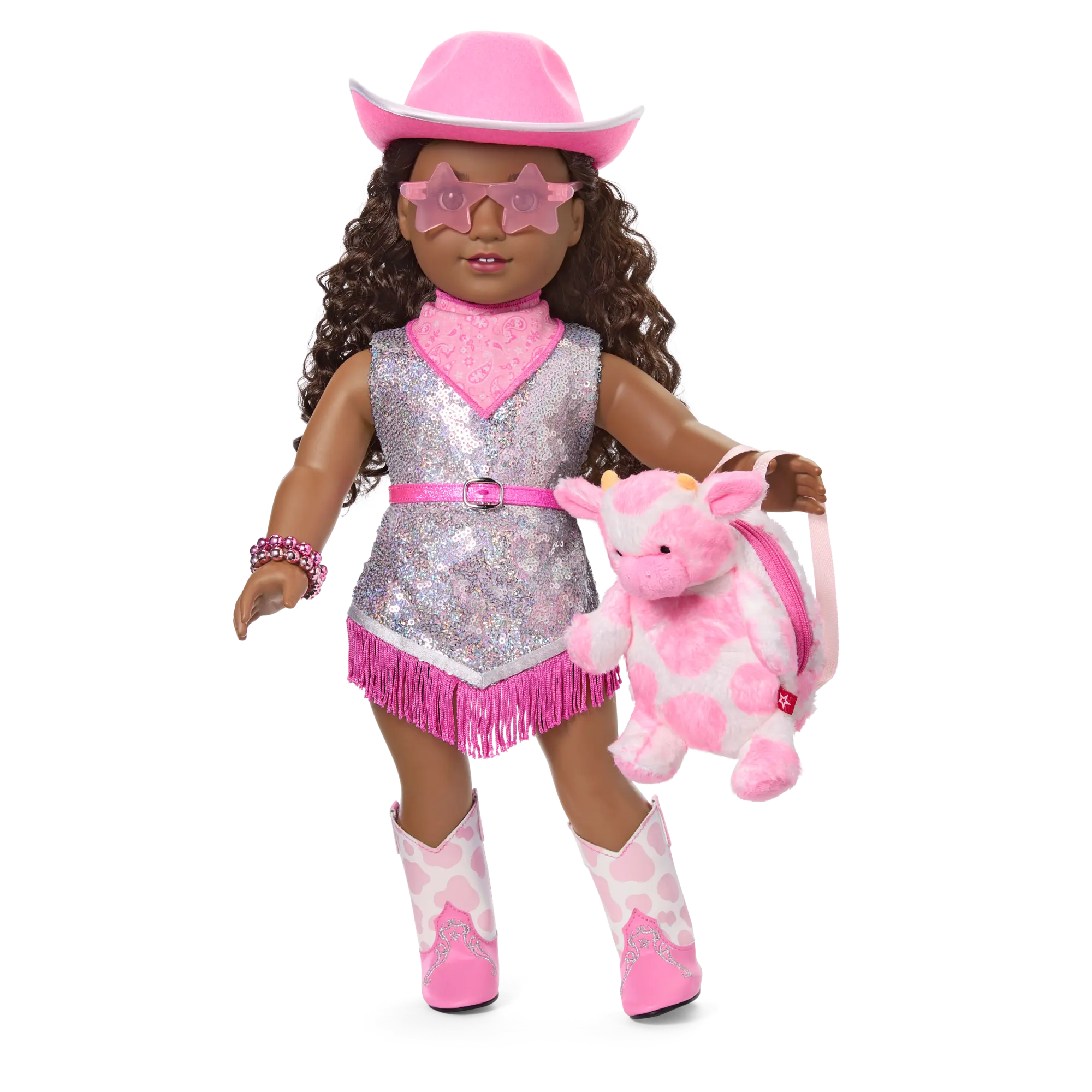 Glam Pink Cowgirl Outfit & Pink Spotted Cow Backpack & Accessory Set Bundle